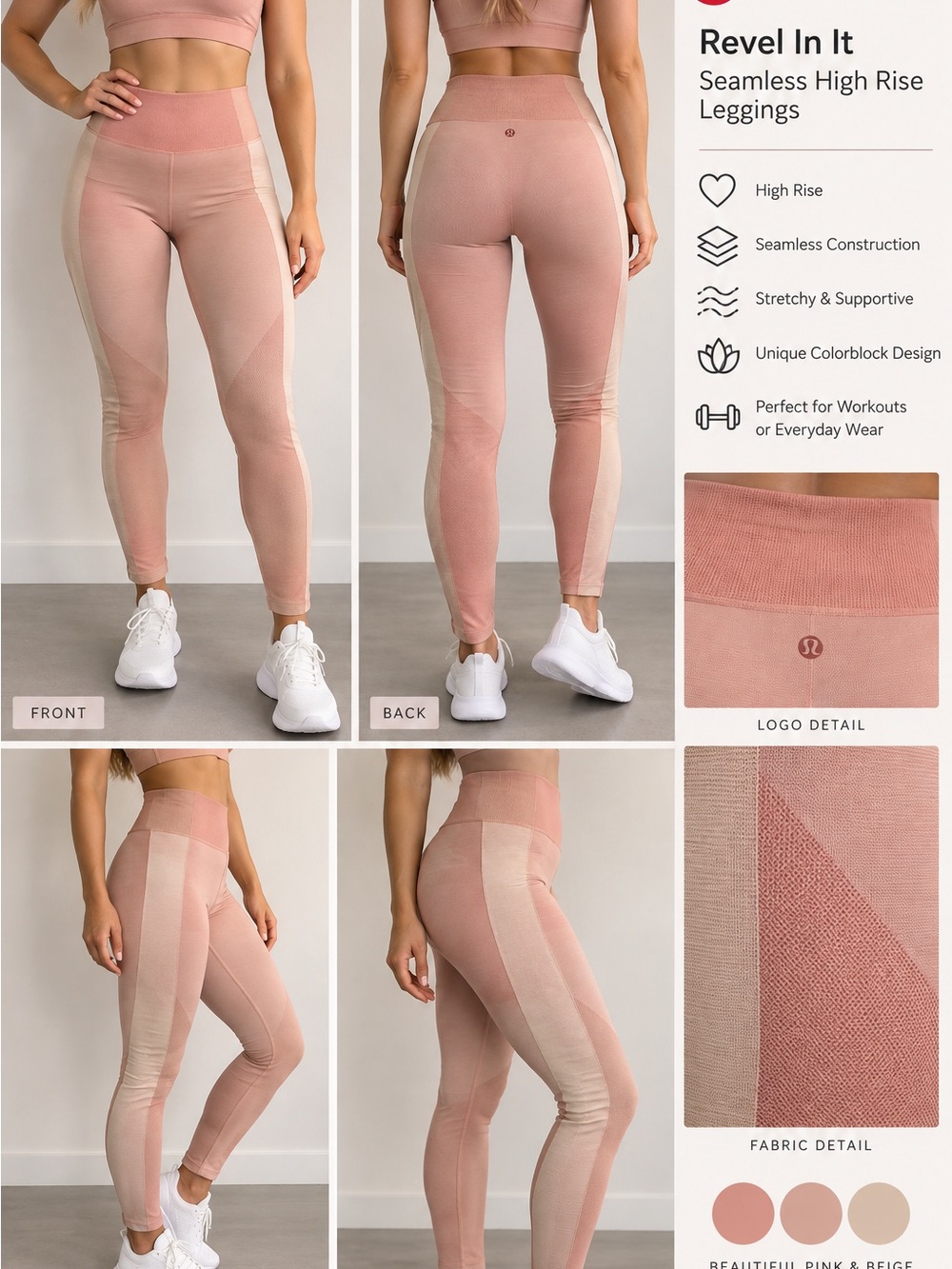 Lululemon Revel In It Seamless High Rise Leggings Pink Beige Colorblock